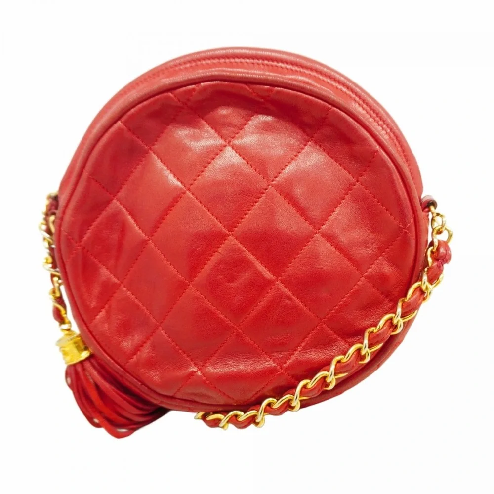 Authentic CHANEL RED LAMBSKIN tassel round mini vintage bag